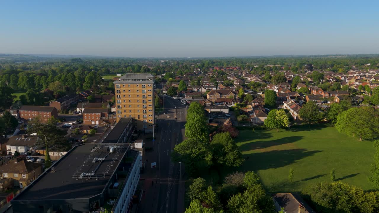 Drone Flight at Broxbourne High Street and Tower Block, Hertfordshire at morning