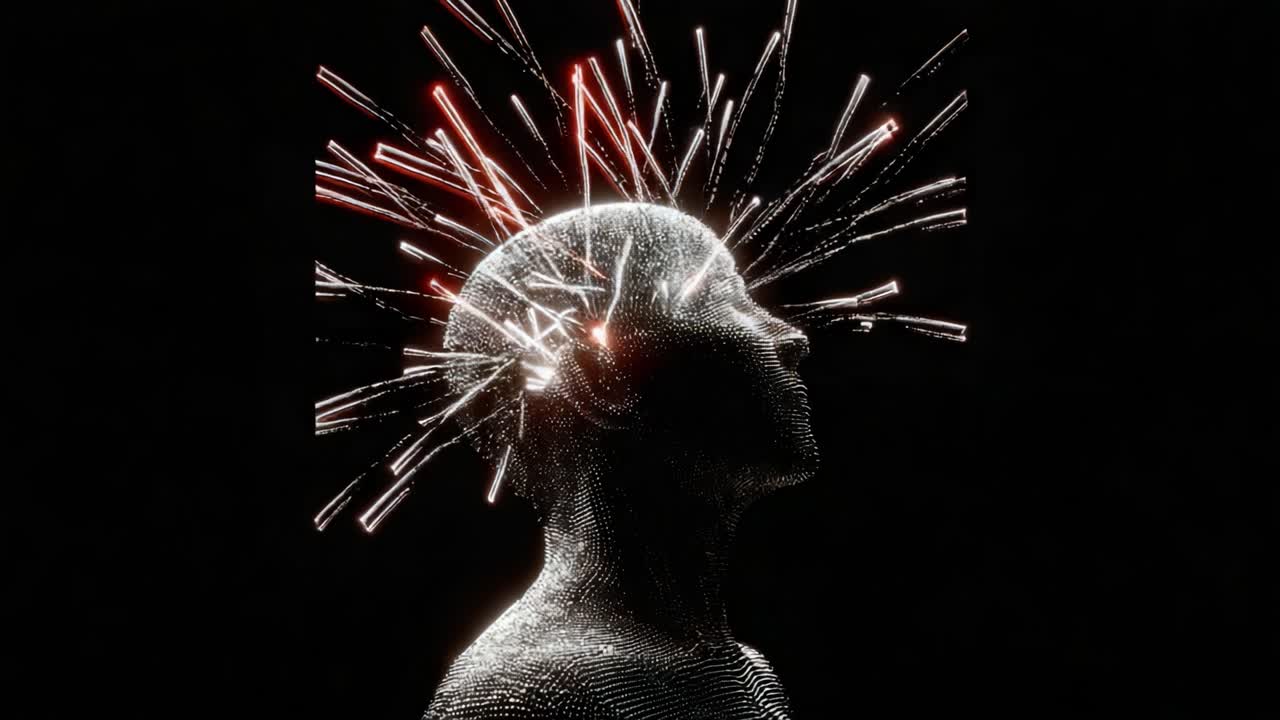 A mesmerizing representation of a human figure with a striking head formation exploding with light and energy, embodying creativity, imagination, and the essence of thought in a digital landscape