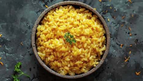 close up of a bowl of yellow rice