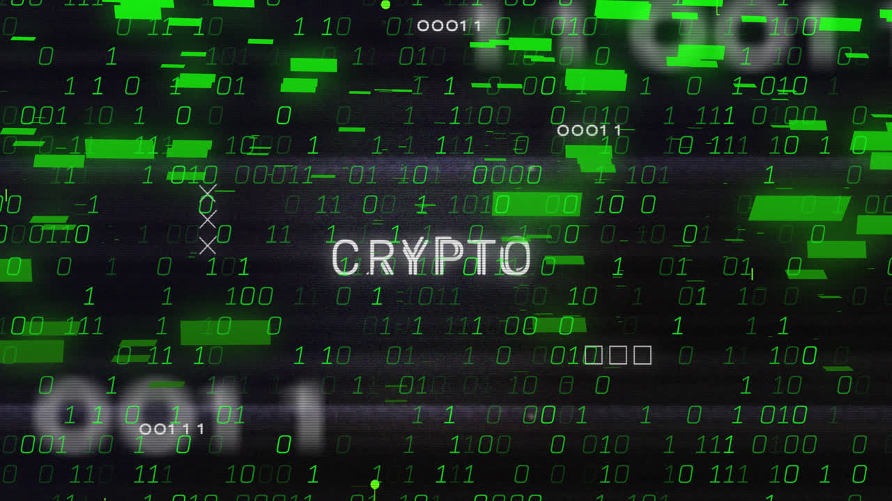 Animation of binary codes, bars over crypto text in circuit board pattern against black background