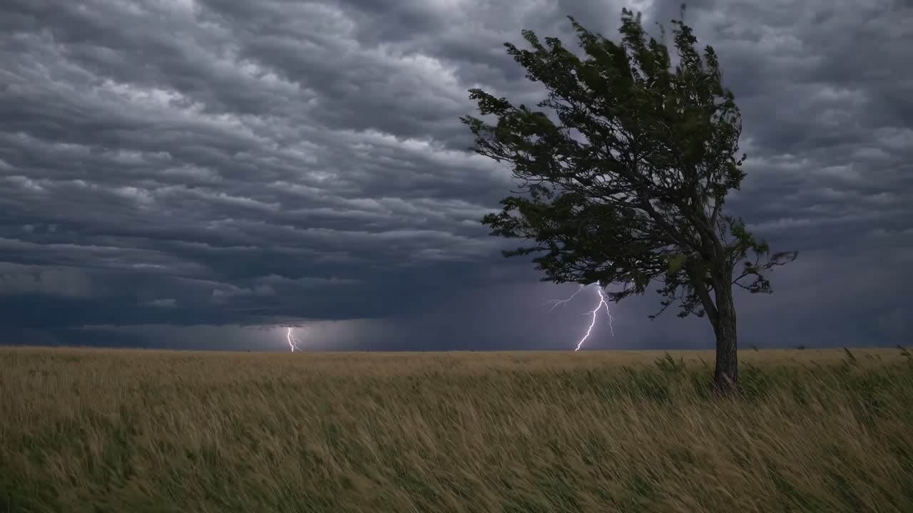 Stormy Field with a Wind-Twisted Tree
