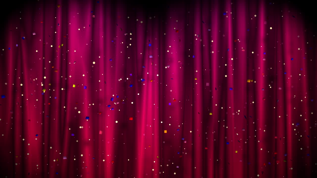 Red Merry Christmas background with golden stars and color confetti. Walpaper Valentine's day. seamless loop