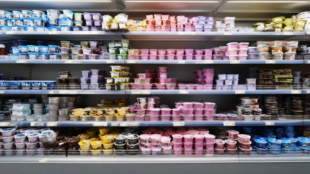 A Colorful Array of Yogurt Cups Displayed on Shelves in a Grocery Store, Showcasing a Variety of Flavors, Textures, and Packaging Designs, Capturing the Diverse Choices for Health-Conscious Consumers
