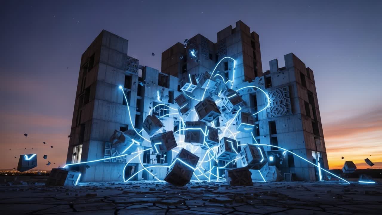 Spectacular Digital Explosion: A Surreal Transformation of an Abandoned Building Illuminated by Neon Light and Floating Cubes at Dusk