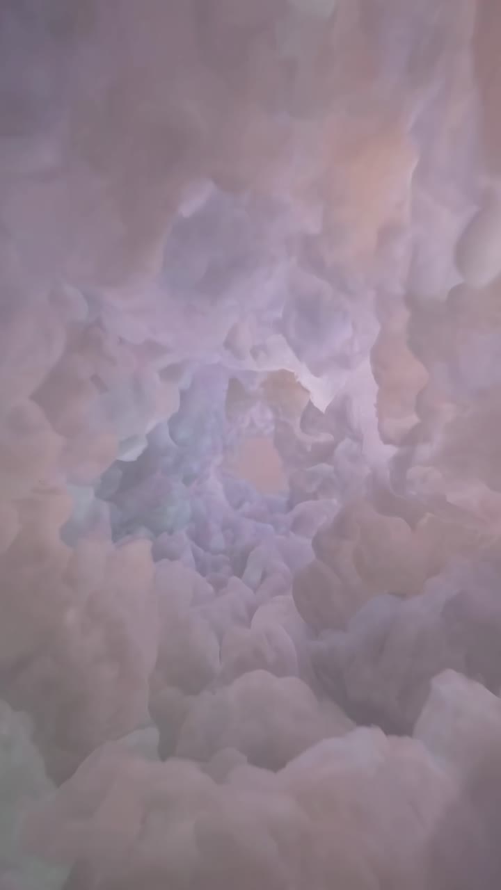 Translucent ice cave walls glowing softly with filtered light, surrounding delicate cloud formations creating surreal arctic landscape's mesmerizing atmosphere