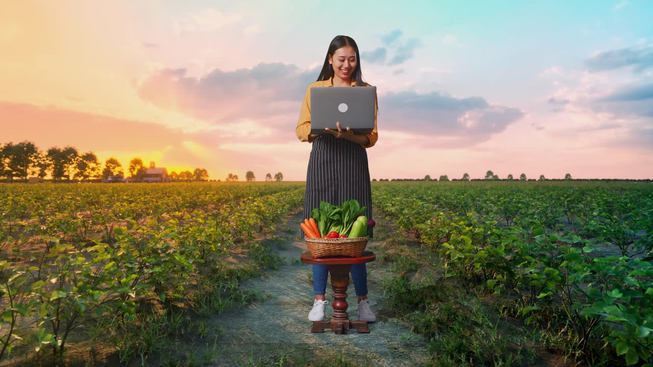cuerpo lleno de agricultora asiática con canasta de verduras sonriendo mientras usa computadora portátil en el campo