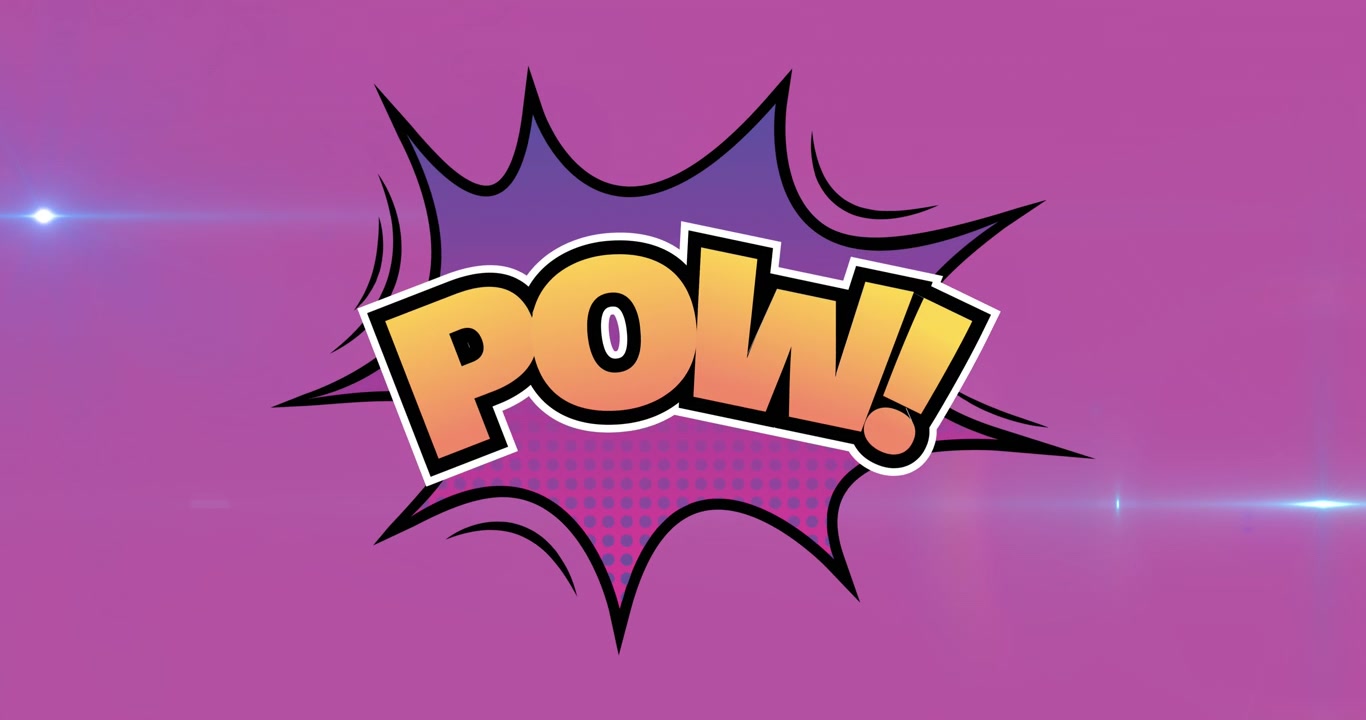 Animation af teksten 'Pow' over en retro stjerne-taleboble på lyserød baggrund.