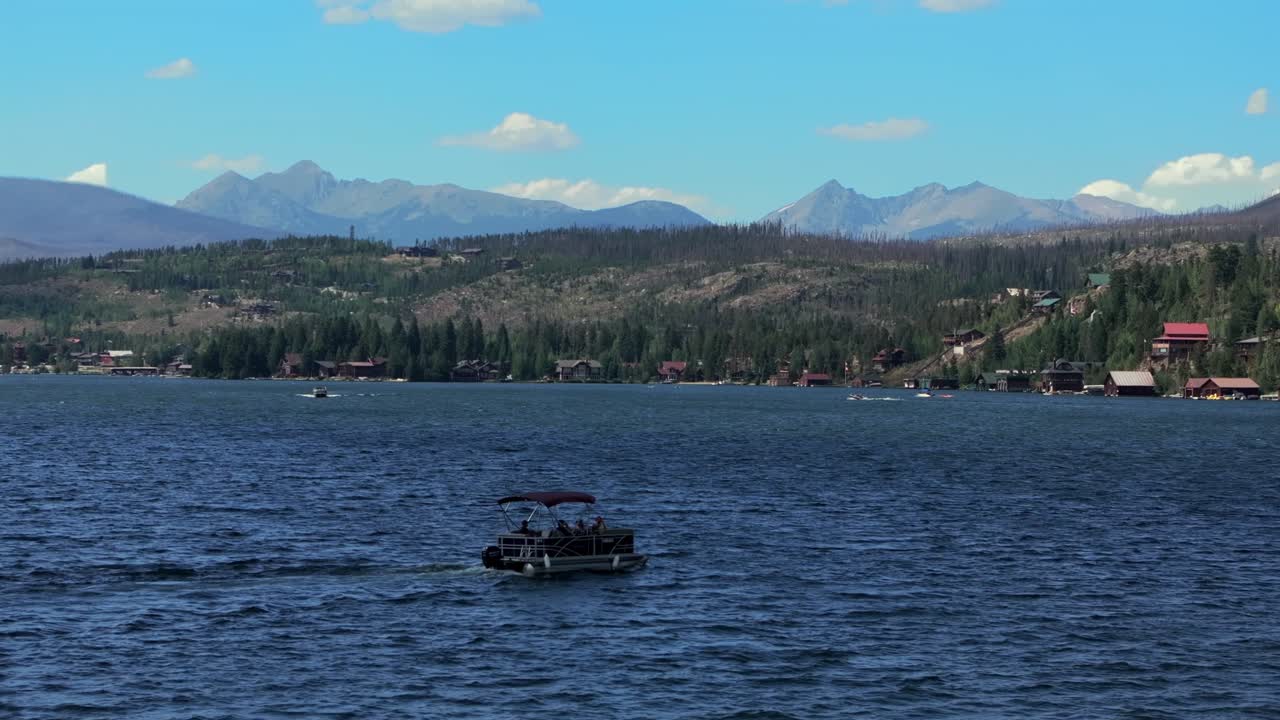 Summer Grand Lake Granby pontoon boating sailboat aerial drone Colorado Gravel Rocky Mountains National Park entrance sunny morning daytime clouds lake homes blue sky sunny cloud parallax circle right