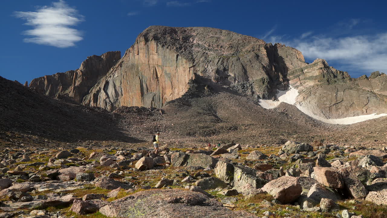 hombre cinematográfico persona boulder campo de las montañas rocosas parque nacional de colorado denver boulder estes parque 14er longs pico mirando hacia los picos indios soleado final del verano paisaje dramático pan lentamente seguir