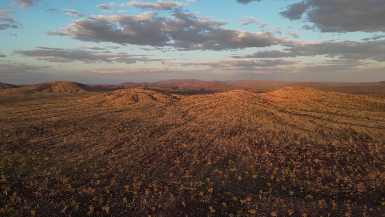 Ripresa cinematografica con drone che mostra il deserto australiano con montagne e piante al tramonto - Vista panoramica dall'alto