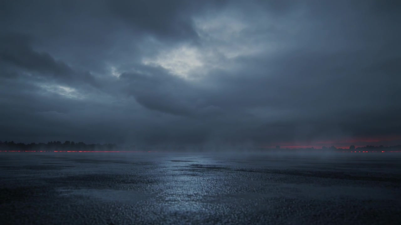 Foggy Asphalt Road at Dawn with Distant Red Lights