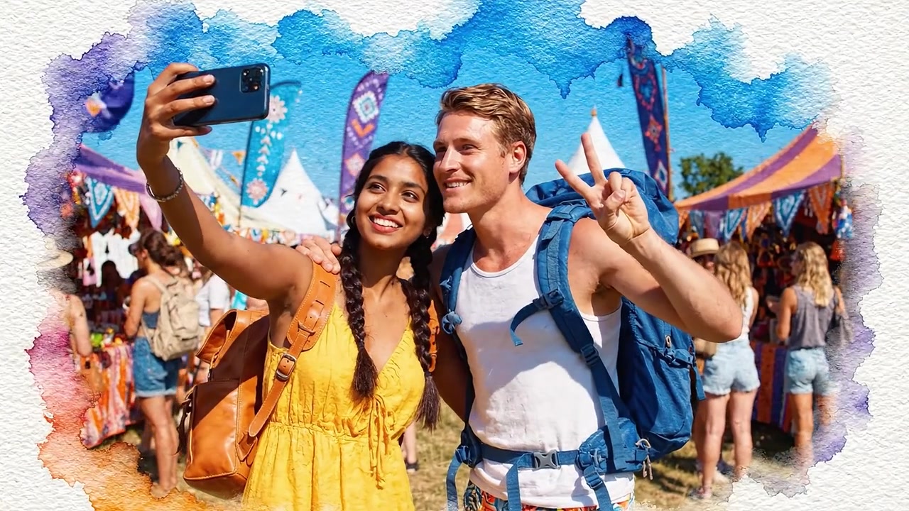Momentos de Alegria Capturados: Um Jovem Casal Tira uma Selfie Divertida em um Festival ao Ar Livre Vibrante, Rodeado por Tendas Coloridas e Pessoas Felizes Desfrutando da Celebração.