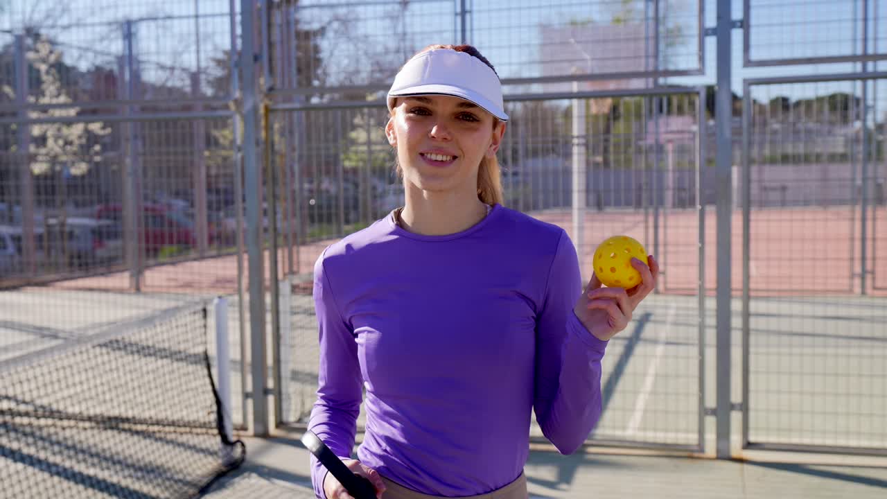 Young Woman Smiling on Pickleball Court with Paddle and Ball