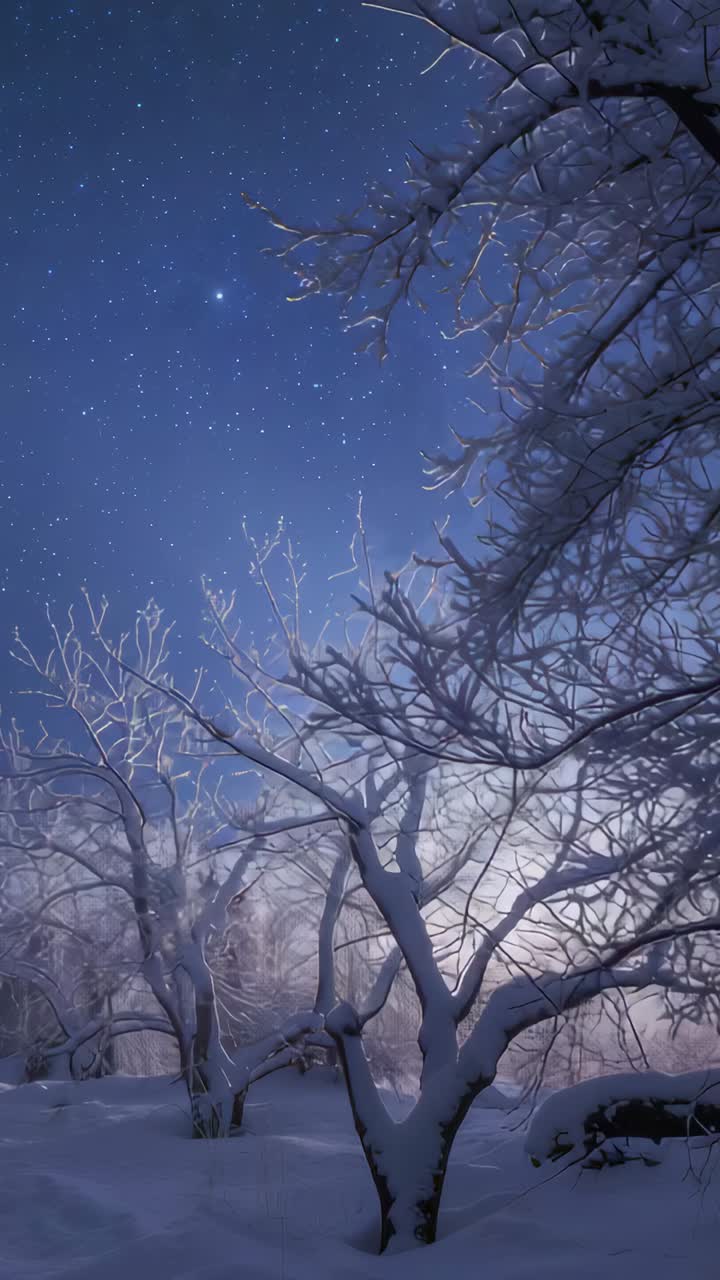 Vertical video: Sliding camera revealing central snowy tree at rural grove, showing star glow