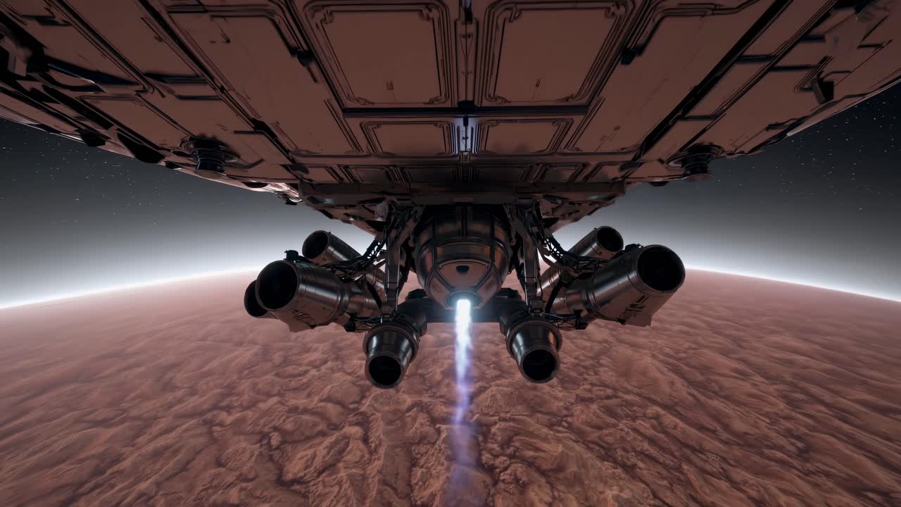 Futuristic spaceship flying over a barren planet, captured from a low-angle perspective