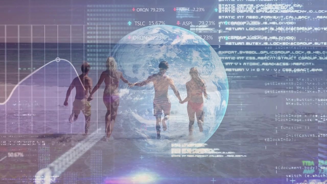 Four adults holding hands celebrating and running into surf, globe overlay tech HUD charts shifting