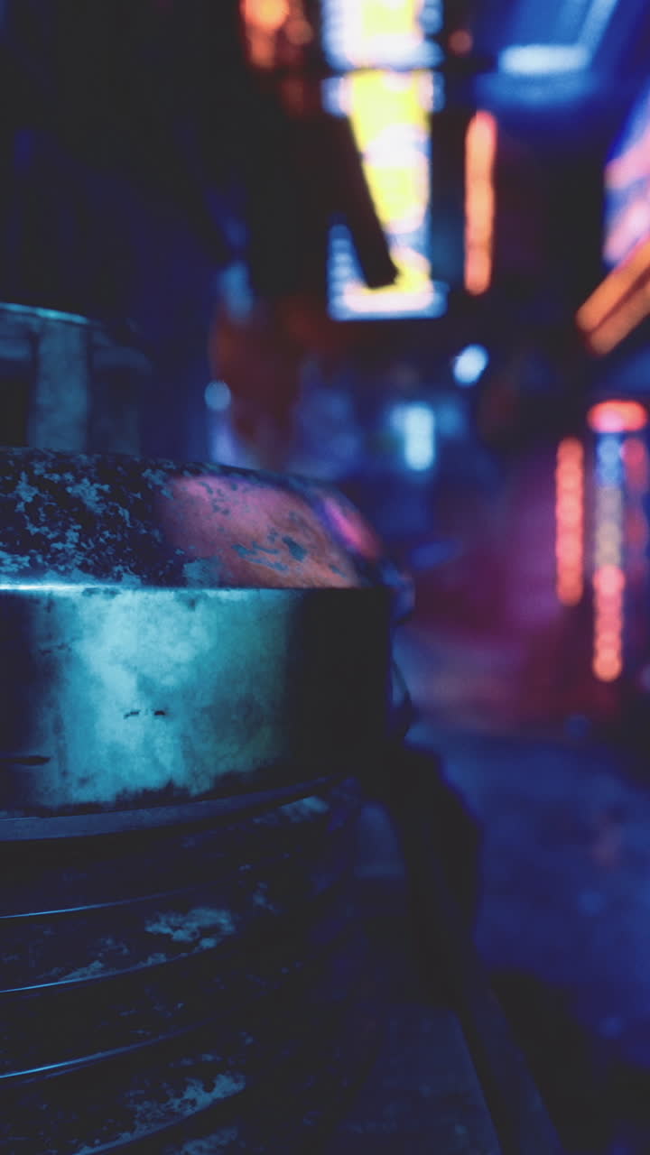 Neon lights illuminate a narrow alley in an urban nighttime setting