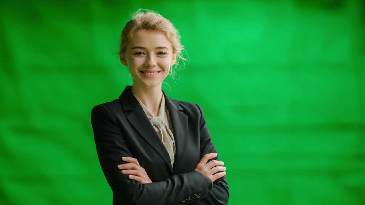 A Confident Young Woman in Business Attire Smiling While Standing Against a Green Background, Embodying Professionalism and Approachability in the Workplace