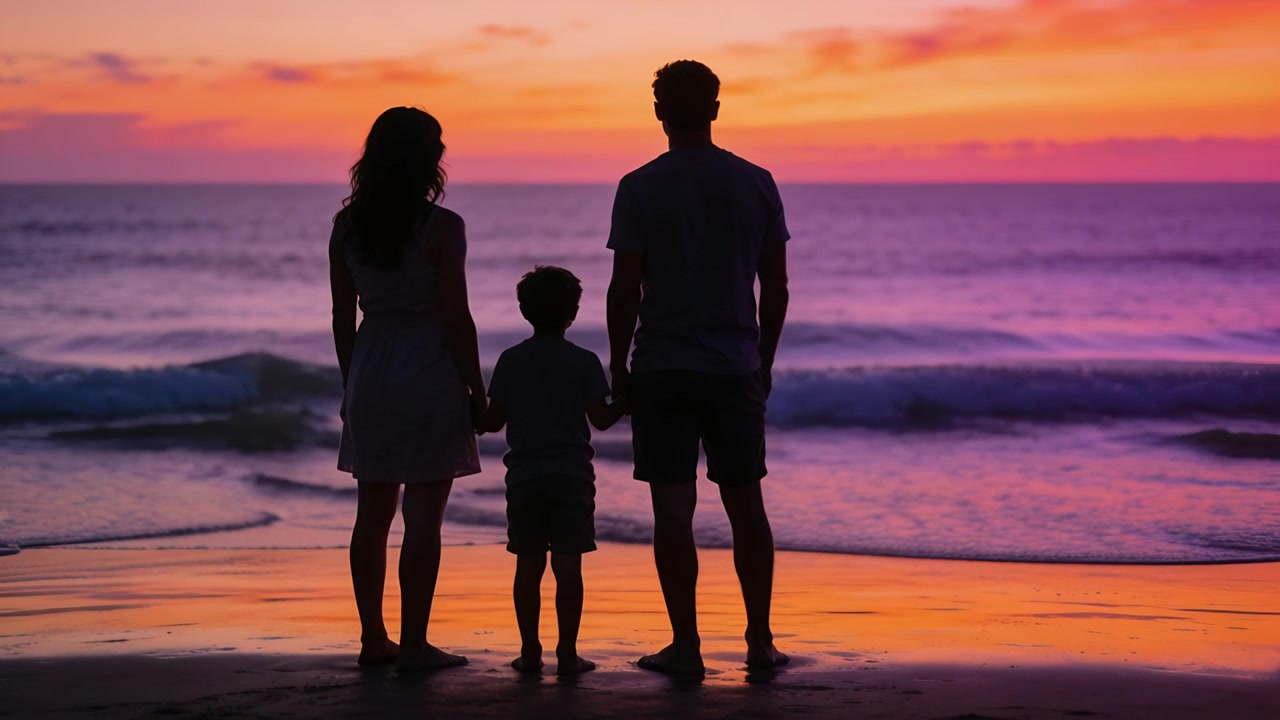 Famiglia in piedi che guarda l'orizzonte mentre il sole tramonta, tenendosi per mano a piedi nudi sulla riva, con le onde che si infrangono.
