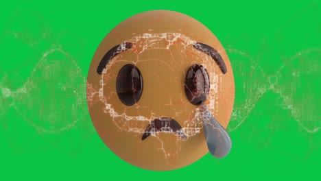 Digital-animation-of-human-brain-spinning-over-crying-face-emoji-against-green-background