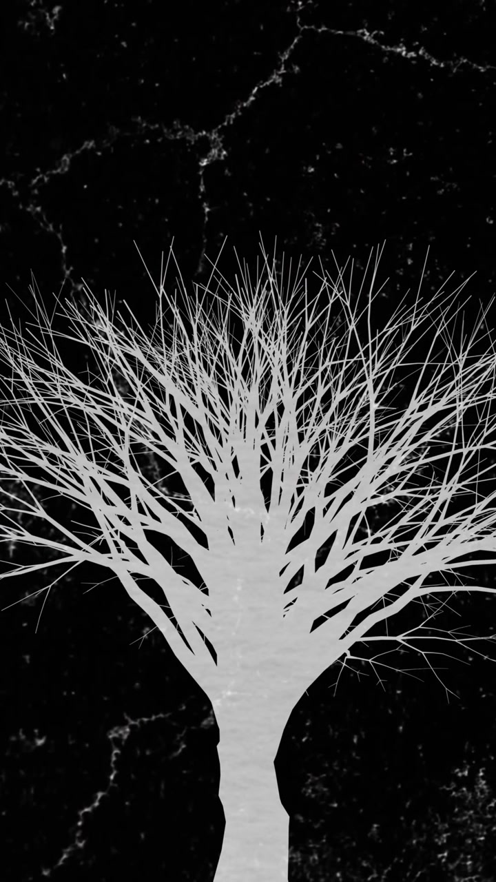 Animation of white lightning flashes over white tree on black background