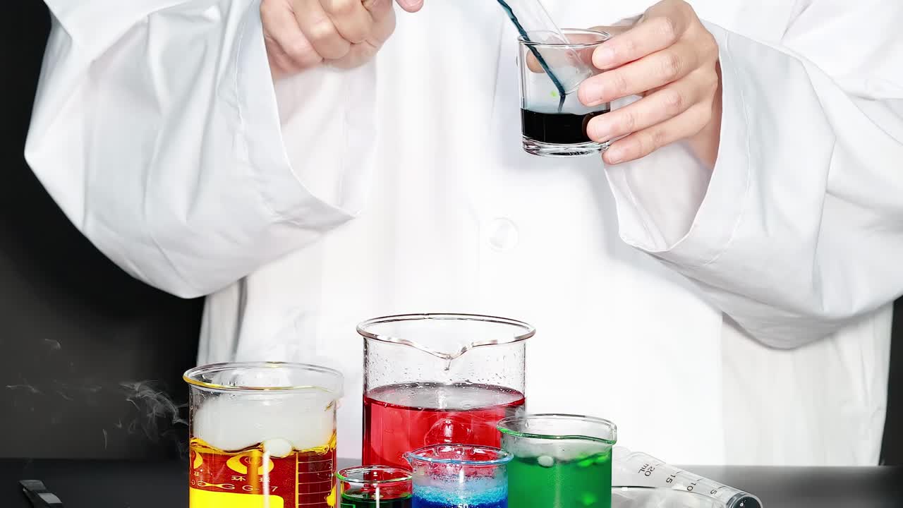 A scientist mixes vibrant liquids in beakers, observing chemical reactions and vapor release.