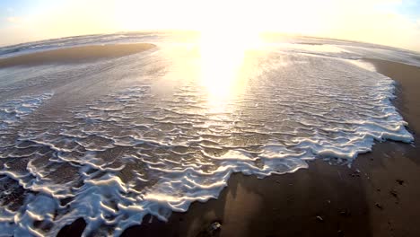 algae foam in storm on the beach, sandy beach with waves, north sea, jütland, sondervig, denmark, 4k