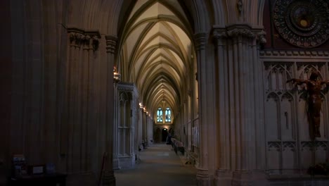 the stunning interior of the spectacular wells cathedral, with its beautiful columns and huge vaulted arches, in wells, enlgand