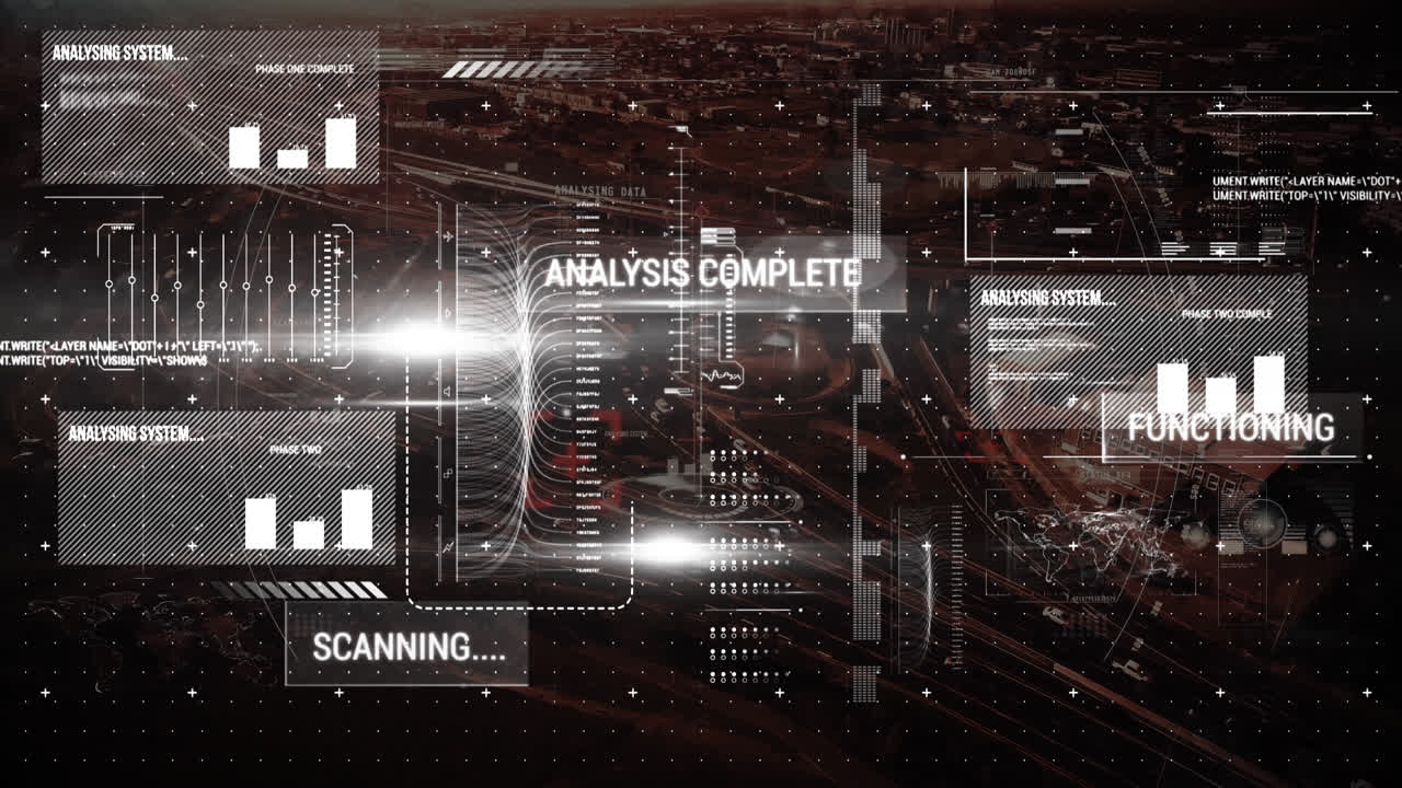 Animation of statistics and data processing over cityscape