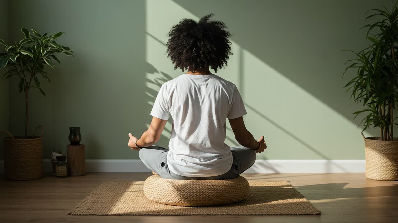 A tranquil scene of meditation with a person sitting cross-legged on a round mat, surrounded by greenery and soft light, promoting relaxation and mindfulness in a serene environment.