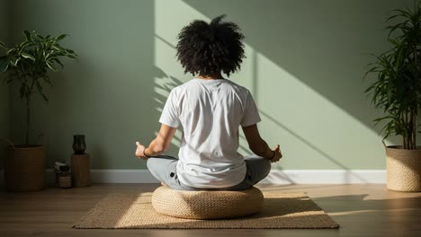 a tranquil scene of meditation with a person sitting cross-legged on a round mat, surrounded by greenery and soft light, promoting relaxation and mindfulness in a serene environment.