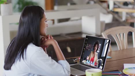 Mujer-Caucásica-Usando-Una-Computadora-Portátil-En-Una-Videollamada-Con-Una-Colega-Que-Trabaja-Desde-Casa