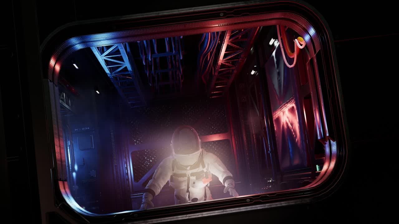 미래의 우주 복도에서 지구와 별들을 혼자 지켜보는 우주비행사, 창문으로 바라보는 3d 애니메이션