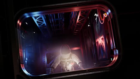 astronauta solo en el corredor espacial futurista observando la tierra y las estrellas. mirando a través de la ventana. animación 3d