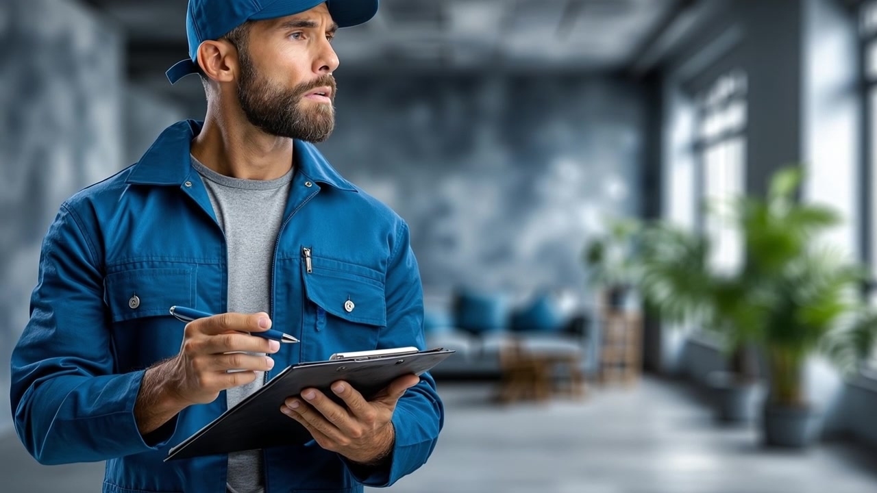 Professioneller männlicher Arbeiter in blauer Uniform schreibt auf Klemmbrett in modernem Interieur.