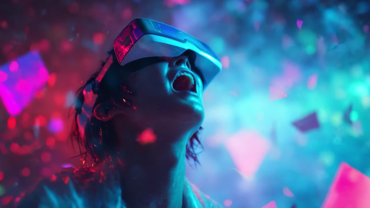 Un'entusiastica esplorazione del mondo della realtà virtuale: catturare l'emozione dell'immersione e la gioia mentre il soggetto interagisce con immagini colorate ed effetti di luce