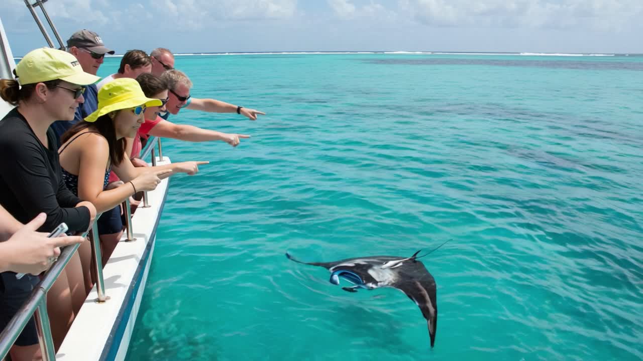 A Thrilling Encounter with Majestic Manta Rays: Tourists Enthusiastically Observing Marine Life from a Boat Amidst Crystal Clear Waters