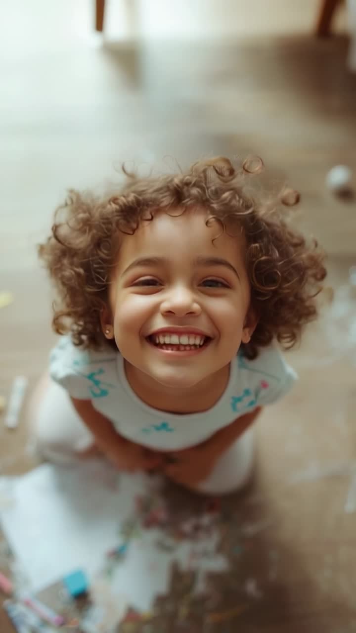 Vídeo vertical: menina sorrindo em idade pré-escolar olhando para cima para a câmera, ajoelhada no chão em meio a giz de cera