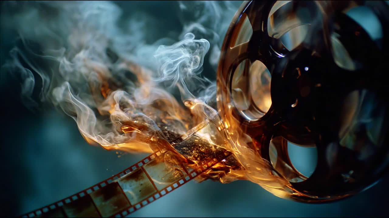 Dynamic Visual of Film Reel Catching Fire and Emitting Smoke, Capturing the Essence of Cinematic Transformation and the Collision of Art and Destruction in Motion