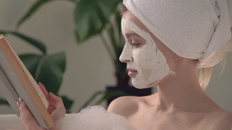 Ritratto di donna con maschera viso che fa un bagno rilassante e legge