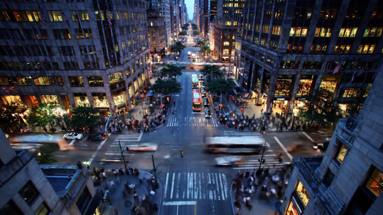 A Vibrant Urban Intersection at Dusk: This Dynamic City Scene Captures the Lively Essence of City Life, with Vehicles, Pedestrians, and Illuminated Buildings Creating a Stunning Atmosphere