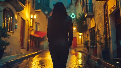 a woman walking down a street at night