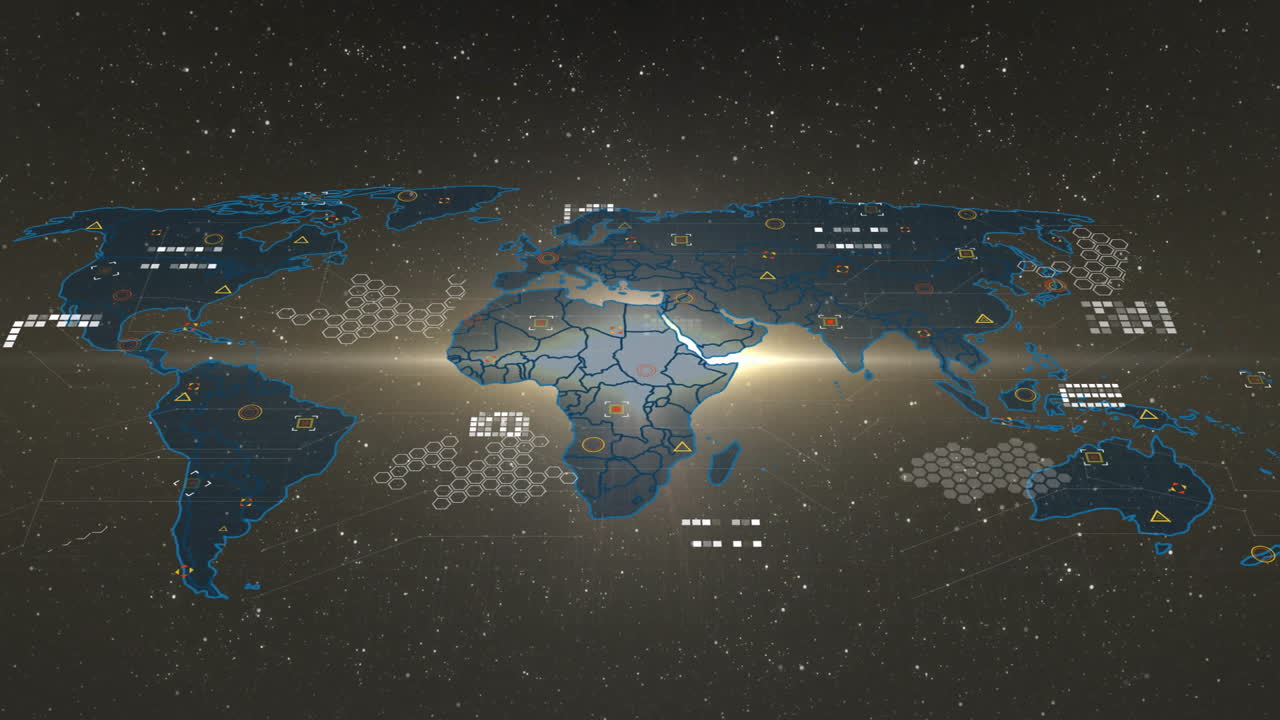 Animation showing digital world map highlighting Africa with data points and connections