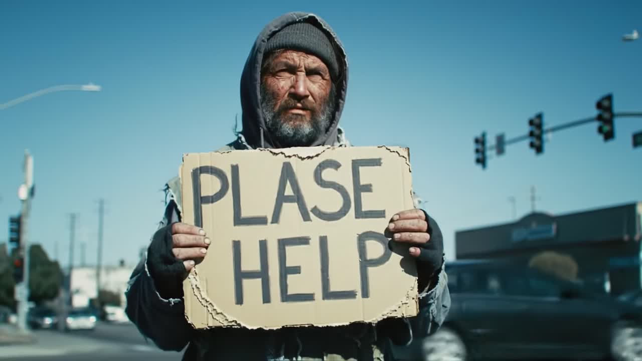 A Plea for Compassion: A Homeless Individual Holds a Sincere Request for Assistance on a Busy Urban Street, Highlighting the Urgency of Support for Those in Need