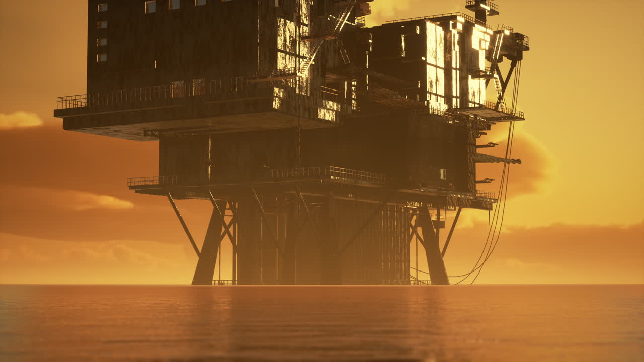 plataforma de perforación petrolera en alta mar a la hora del atardecer o del amanecer