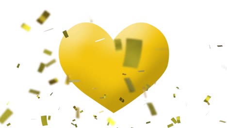 Animation-of-gold-confetti-falling-over-heart-emoji-on-white-background