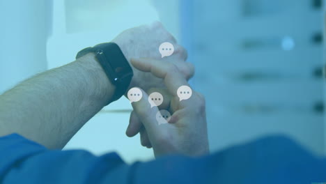 healthcare professional tapping smartwatch in clinic, showing animated speech-bubble notifications