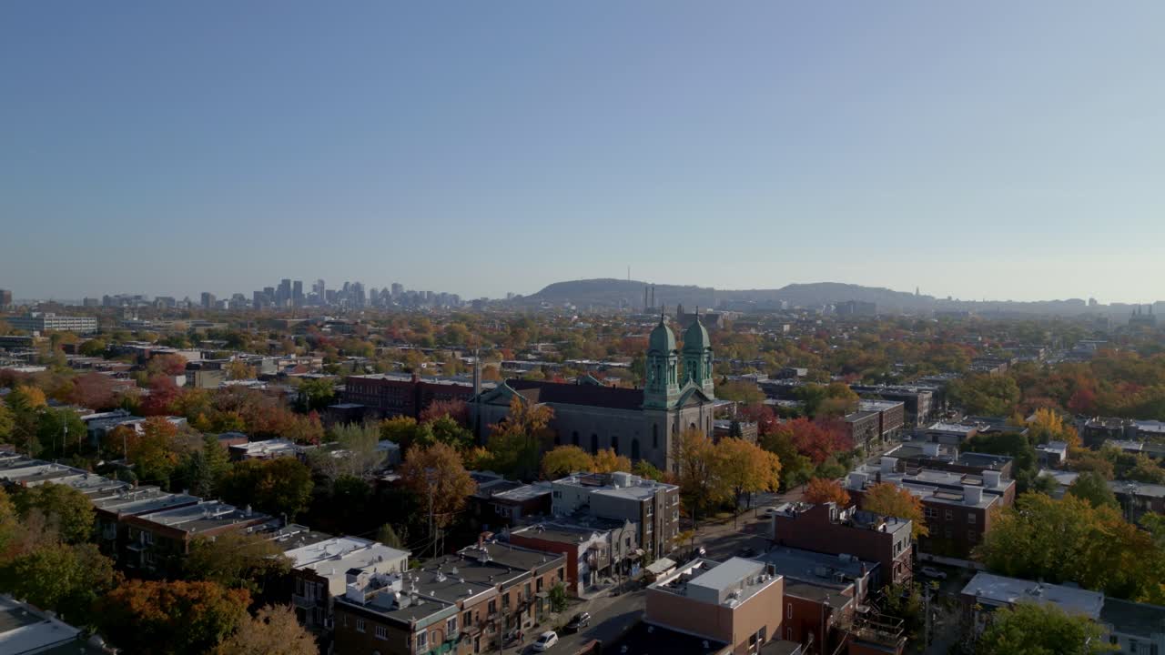 Flying St. Mark's Catholic Church During Autumn In Montreal, Quebec Canada. Aerial Drone Shot
