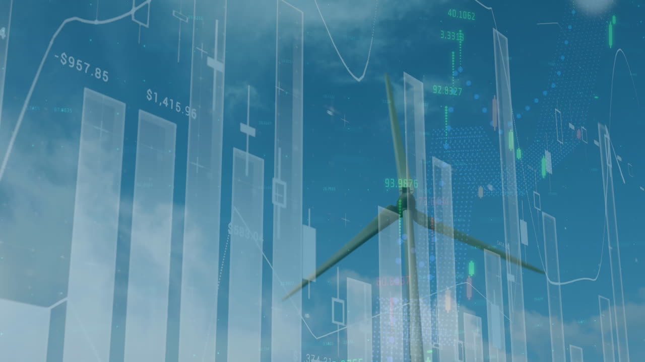 블루 배경에 풍력 터빈에 대한 통계 및 데이터 처리의 애니메이션