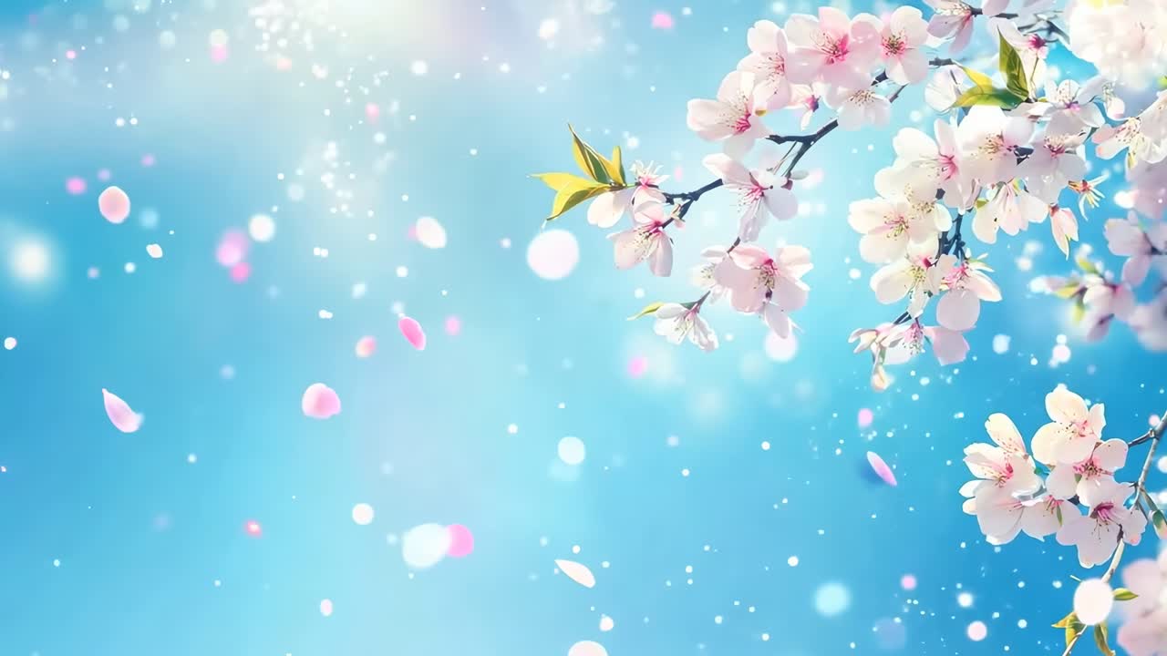 A dreamy, close-up video of cherry blossoms against a bright blue sky, with petals gently falling
